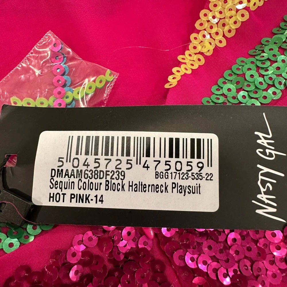 Nasty Gal Sequin Colour Block Halterneck Playsuit Women 10 Hot Pink | Festival - Picture 8 of 13